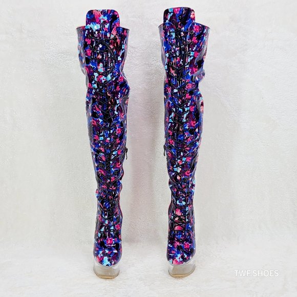 Bulls Cobalt Multi Color Print Patent OTK Clear Platform High Heel Thigh Boots - Picture 11 of 13